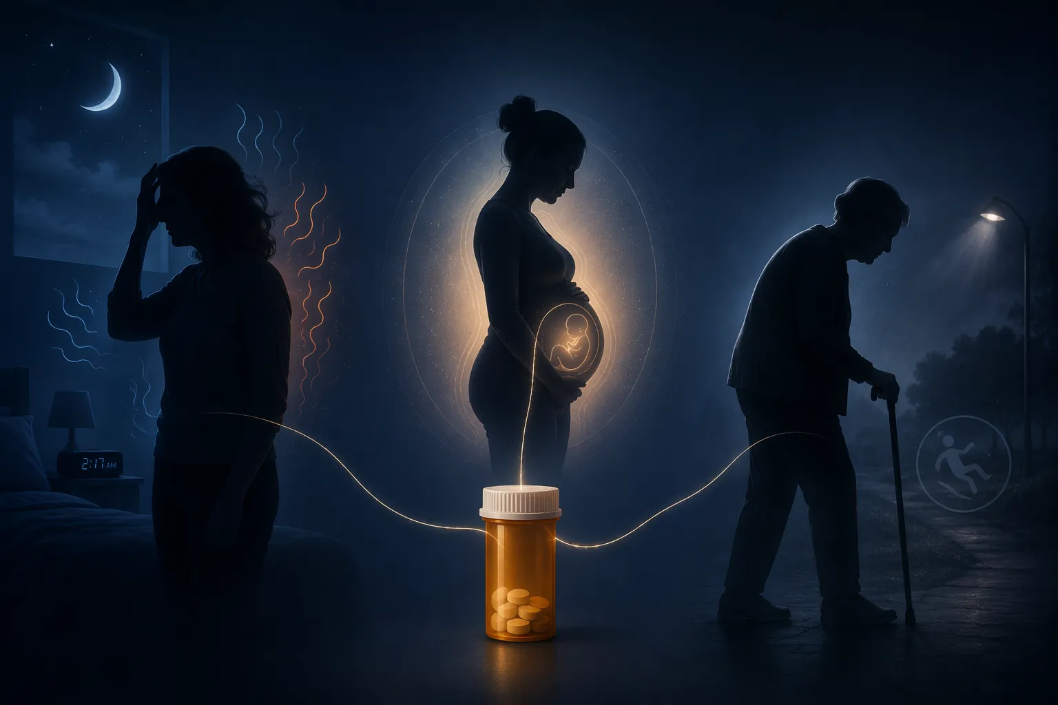 Amber prescription bottle connected to a perimenopausal woman, a pregnant person, and an older adult, suggesting different sleep effects by life stage