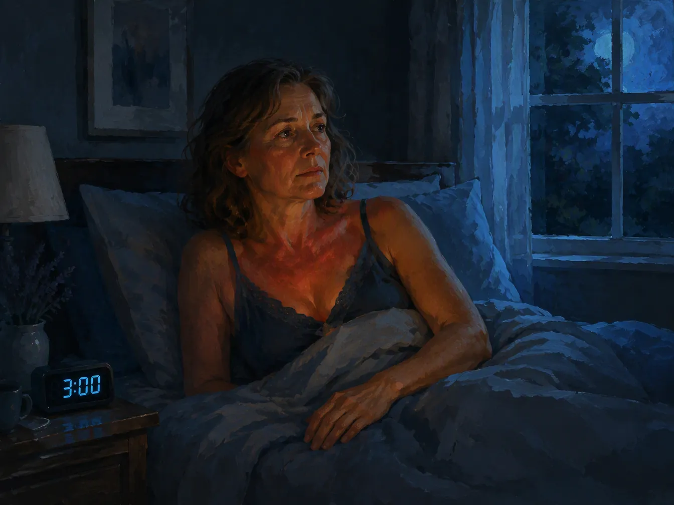 Middle-aged woman awake at 3 AM with a warm flush across her face and neck in a cool dark bedroom