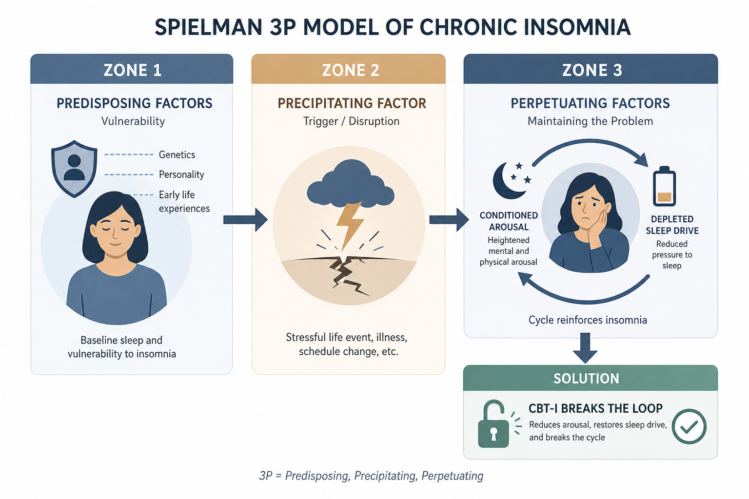 Diagram of the Spielman 3P model showing three zones: predisposing vulnerability, a precipitating trigger event, and perpetuating mechanisms that maintain chronic insomnia, with CBT-I breaking the perpetuating cycle.
