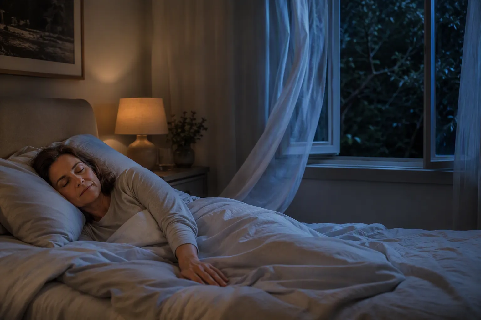 A calm cool-weather bedroom with a slightly open window, light bedding, and a sleeping midlife woman