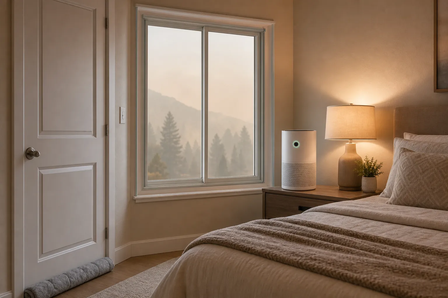 A prepared wildfire-season bedroom with a HEPA purifier, sealed window edges, a towel at the door, and smoke visible outside