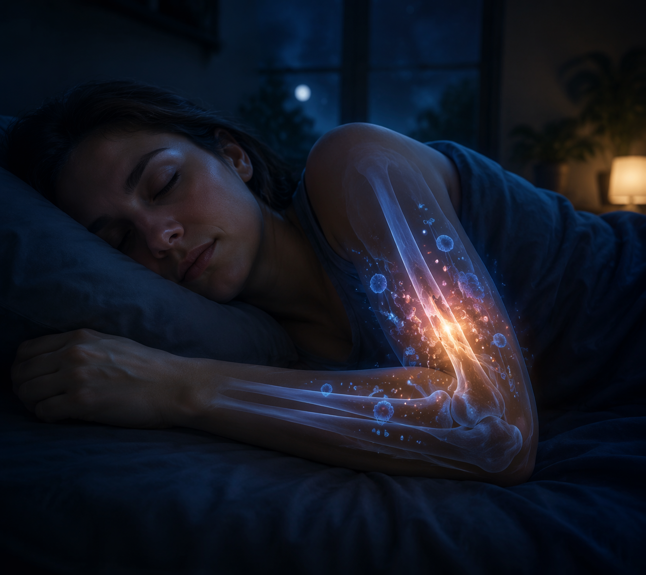 A person sleeping in a dark bedroom with a glowing healing fracture visible inside the arm