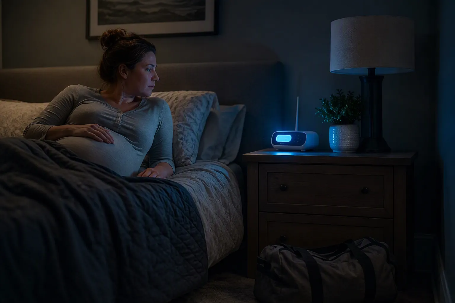 Pregnant woman resting in a dark bedroom with a NOAA weather radio and go-bag nearby