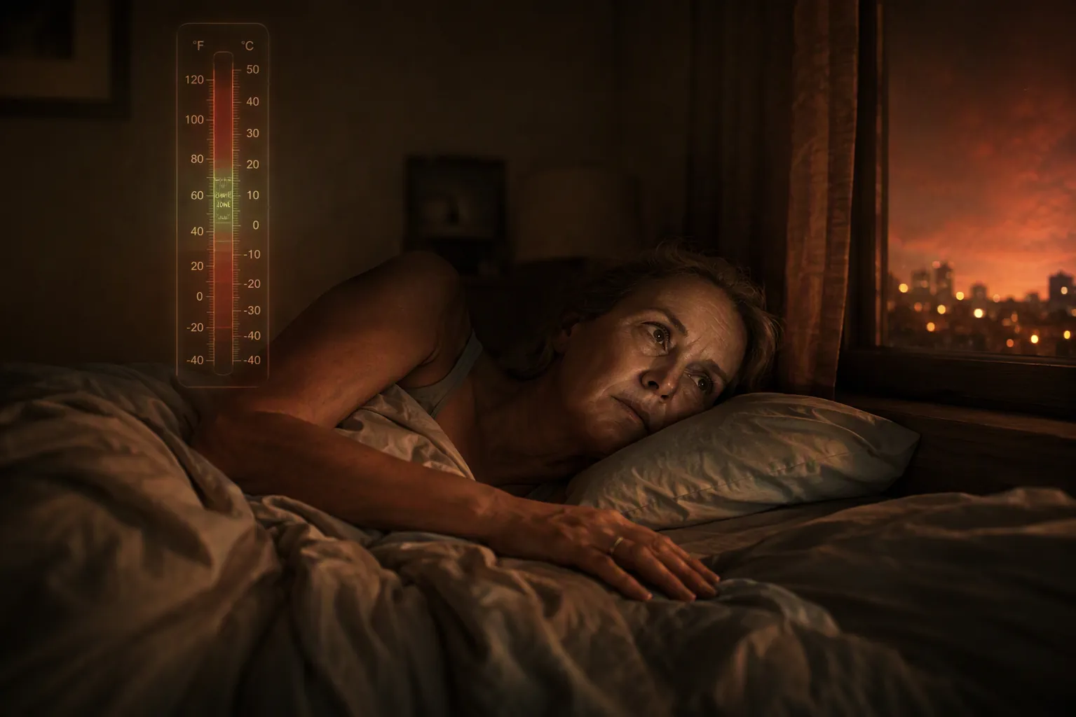 Middle-aged woman awake in a hot bedroom with a narrow comfort-zone temperature gauge