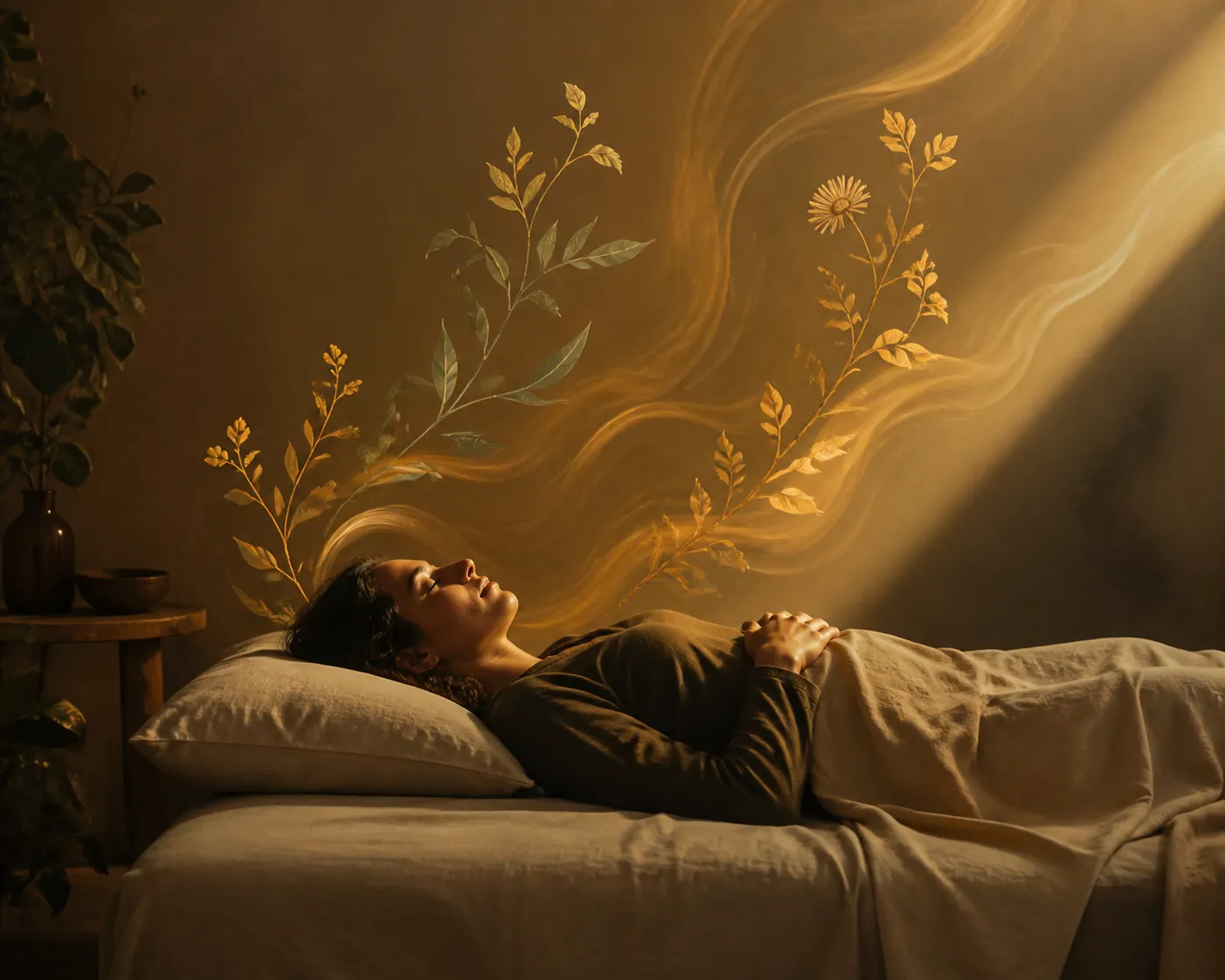 A person resting in a dim room with abstract plant-like forms and warm light near the body