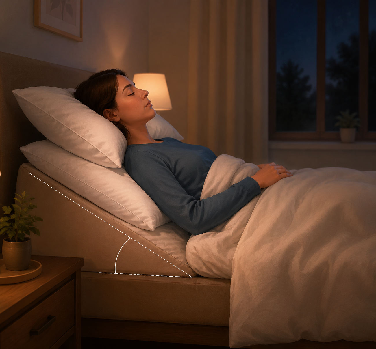 Person sleeping with upper body elevated about 30 to 45 degrees using stacked pillows