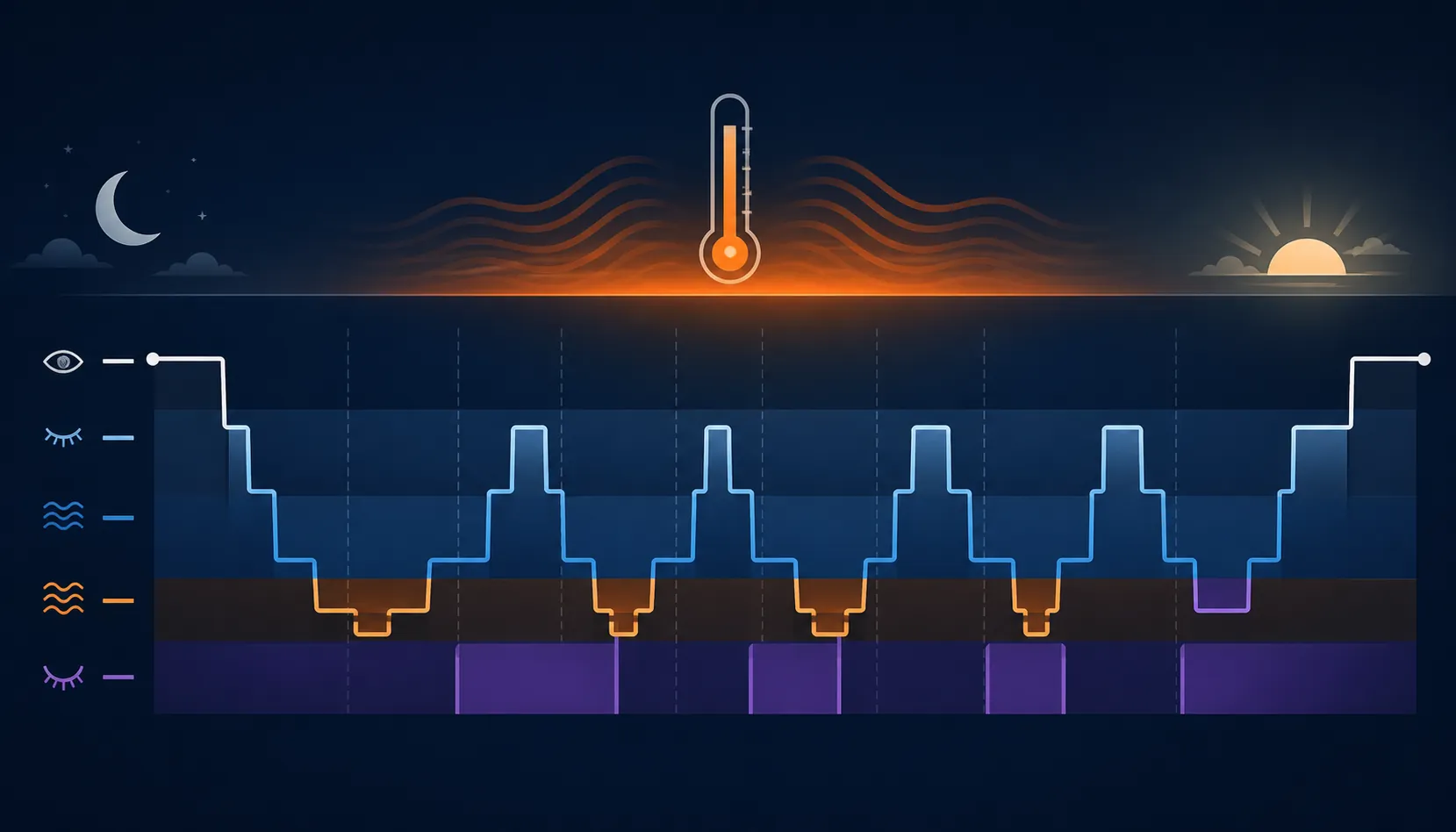 Sleep architecture visual showing compressed N3 deep sleep during a hot night