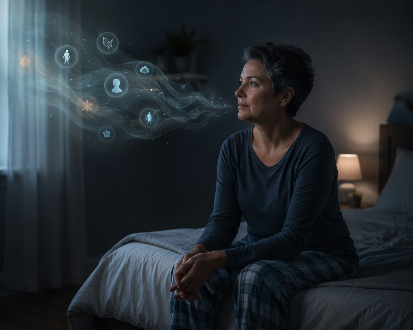 A person sitting awake on the edge of a bed at night in muted blue-grey light