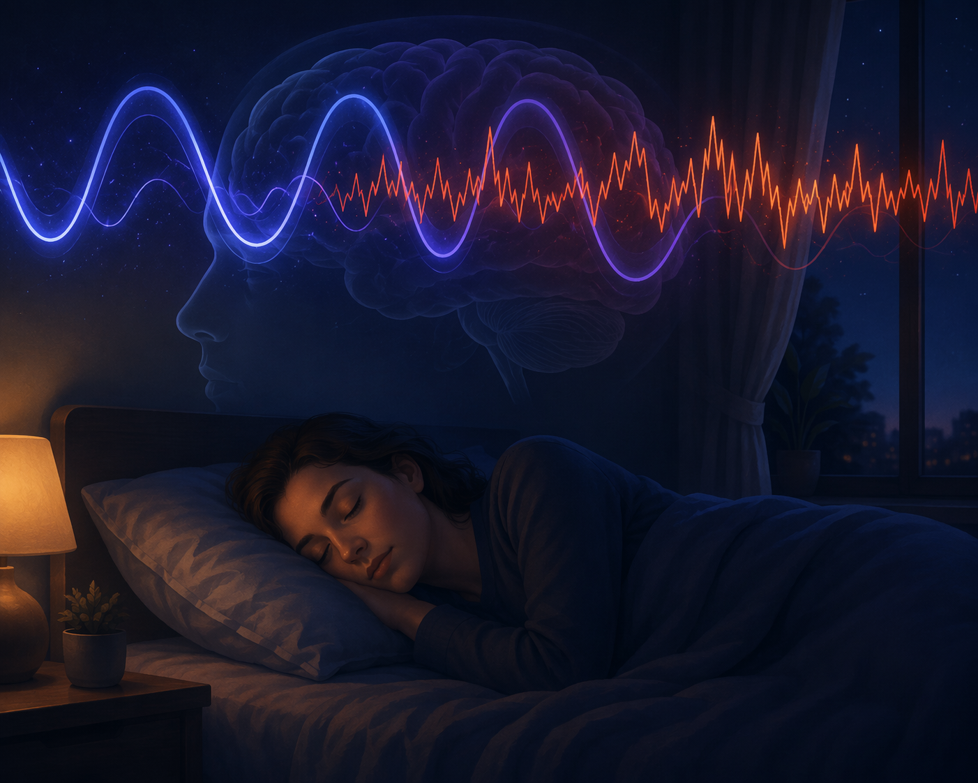 A person sleeping peacefully while blue delta waves and orange beta spikes show disrupted sleep architecture beneath the calm surface