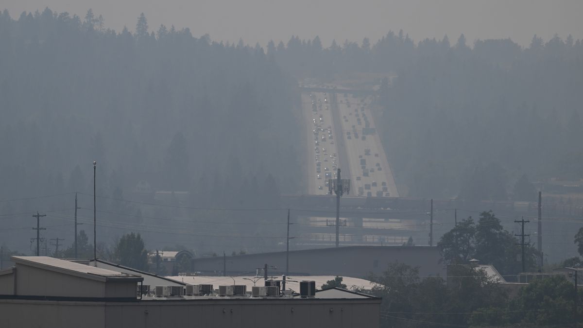 Thick wildfire smoke blankets downtown Spokane during the July 2026 smoke event