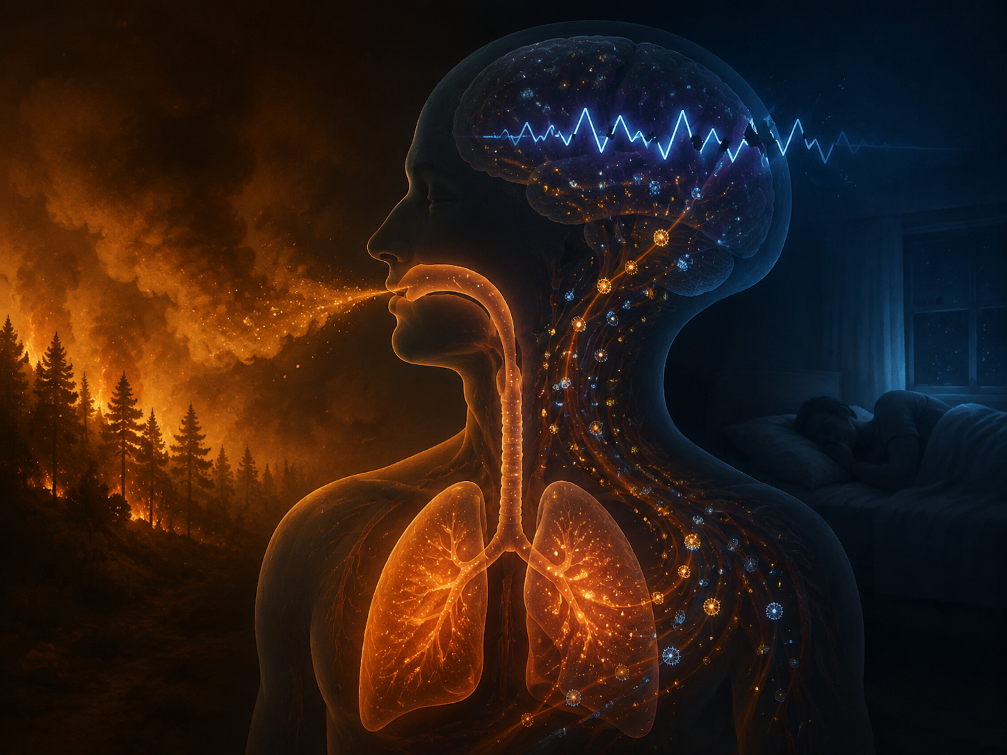 Inflammatory markers moving from the lungs through the bloodstream toward disrupted sleep waves in the brain