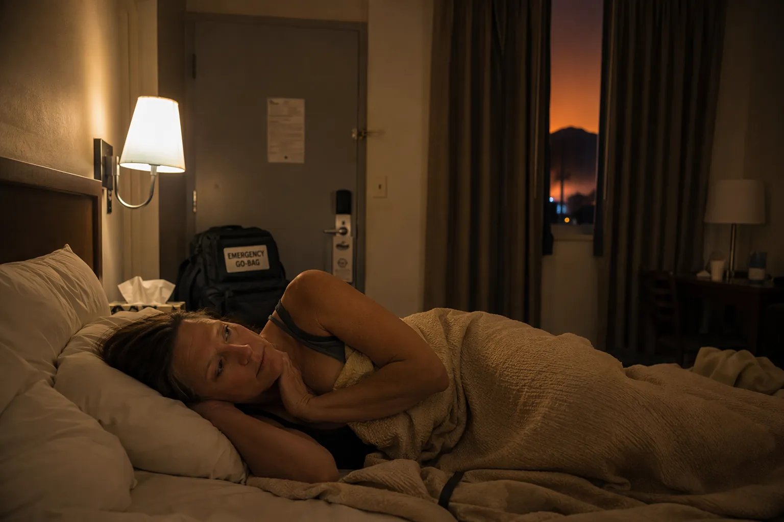 A perimenopausal woman lies awake in a dim hotel room during wildfire evacuation, with an emergency go-bag near the door and orange haze outside the curtains.