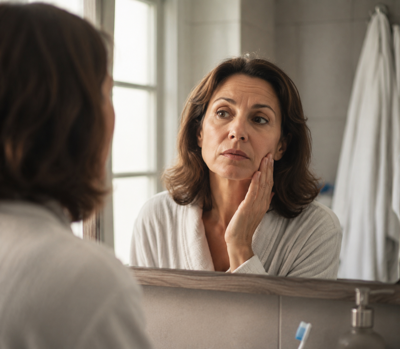 A person looks in a bathroom mirror and touches one side of the face where the mouth appears slightly lower.