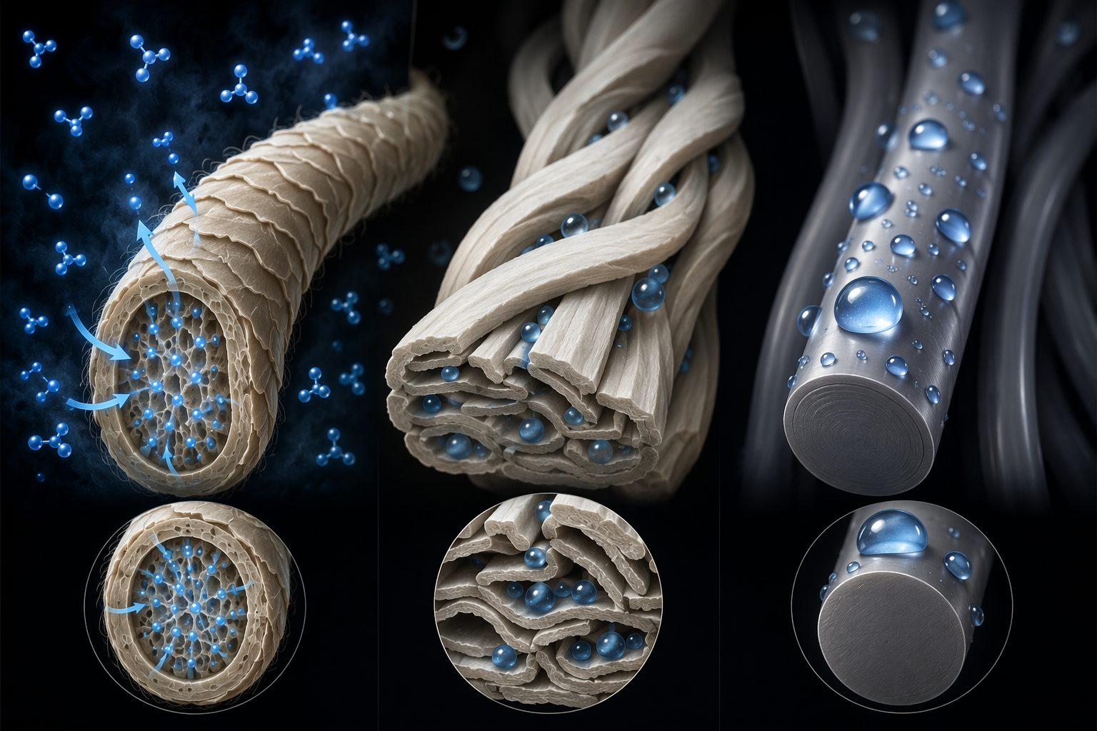 Illustration comparing how merino wool, cotton, and polyester fibers handle water vapor