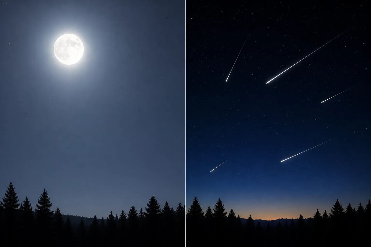 Split night sky showing a washed-out full-moon sky beside a darker pre-dawn sky with several meteors