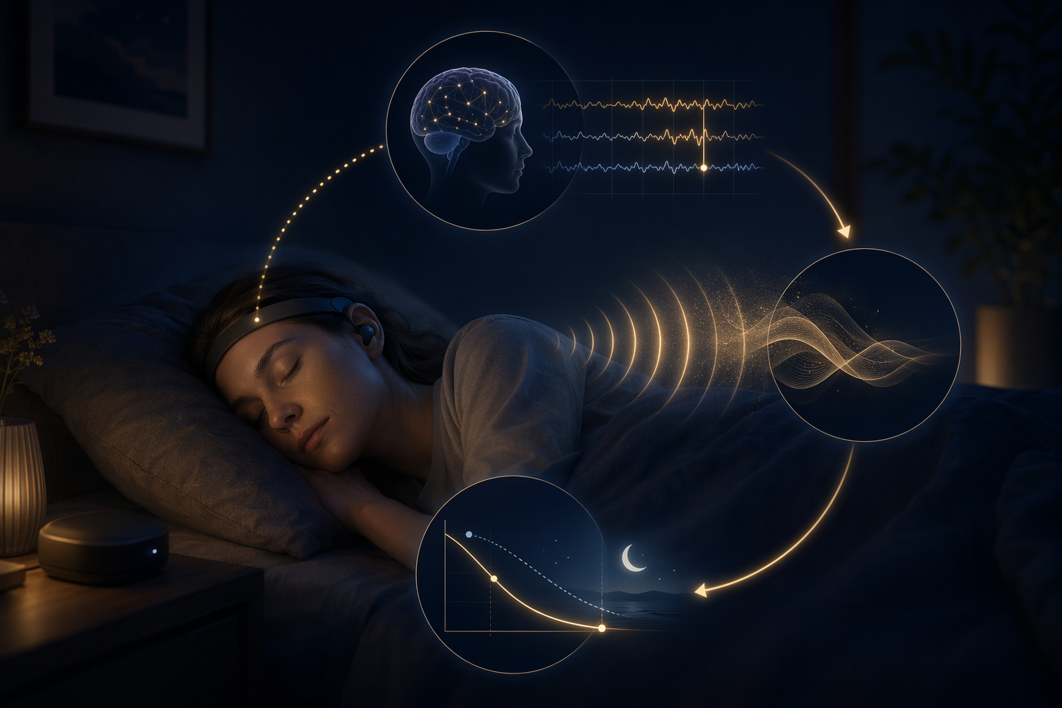 Sleeping person wearing a headband that detects brainwaves and delivers closed-loop acoustic stimulation