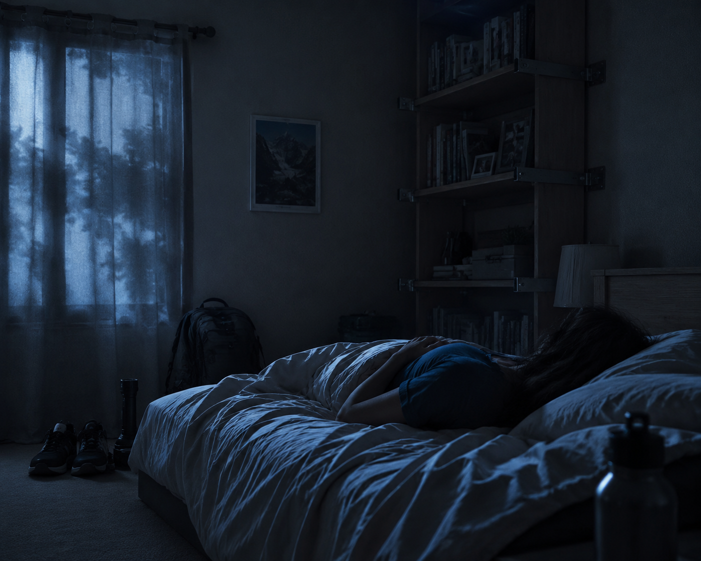 A person lying awake in a dim bedroom with shoes, a flashlight, and secured furniture nearby