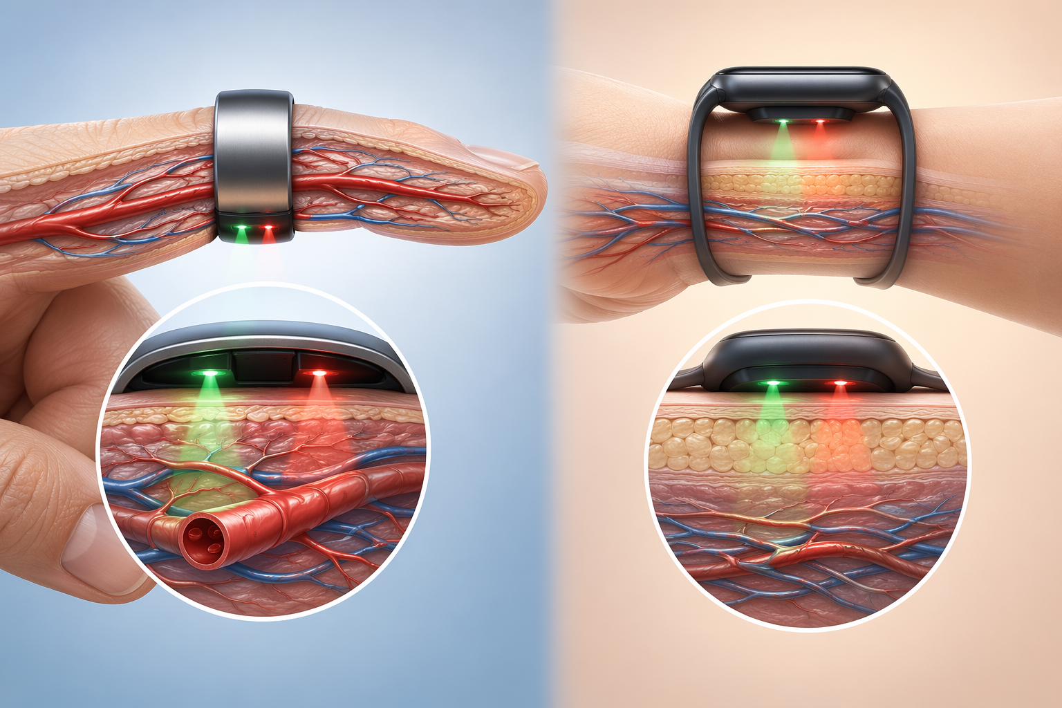 Anatomical comparison of a ring sensor on a finger and a wrist sensor over the wrist