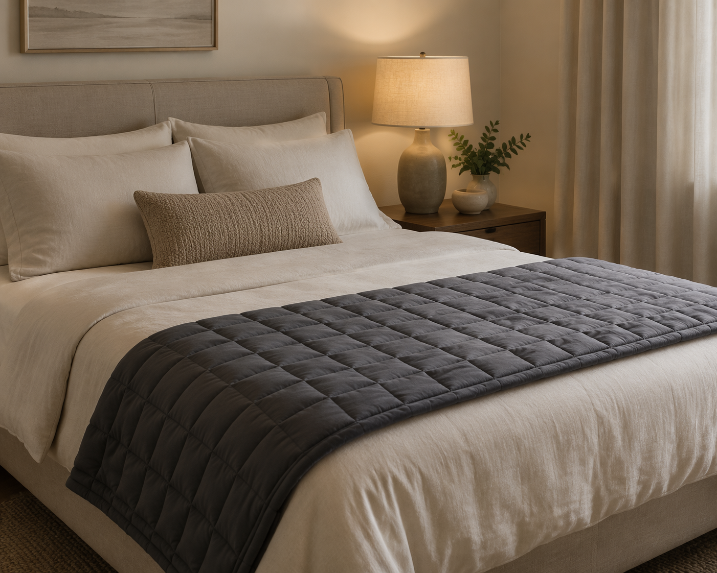 A weighted blanket with grid stitching draped across a calm bed under warm bedside light