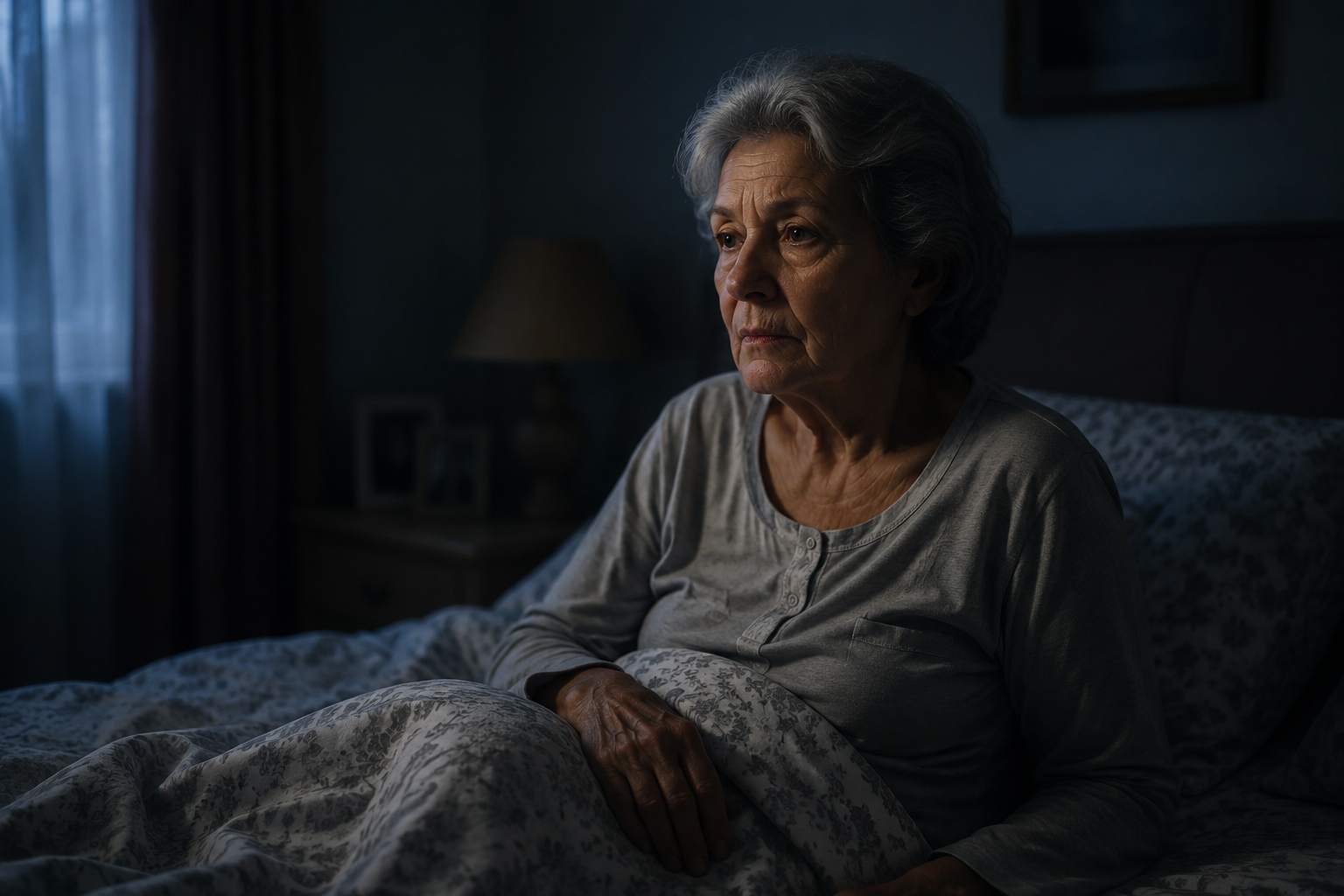 An older woman sitting awake in bed at night with a burdened expression