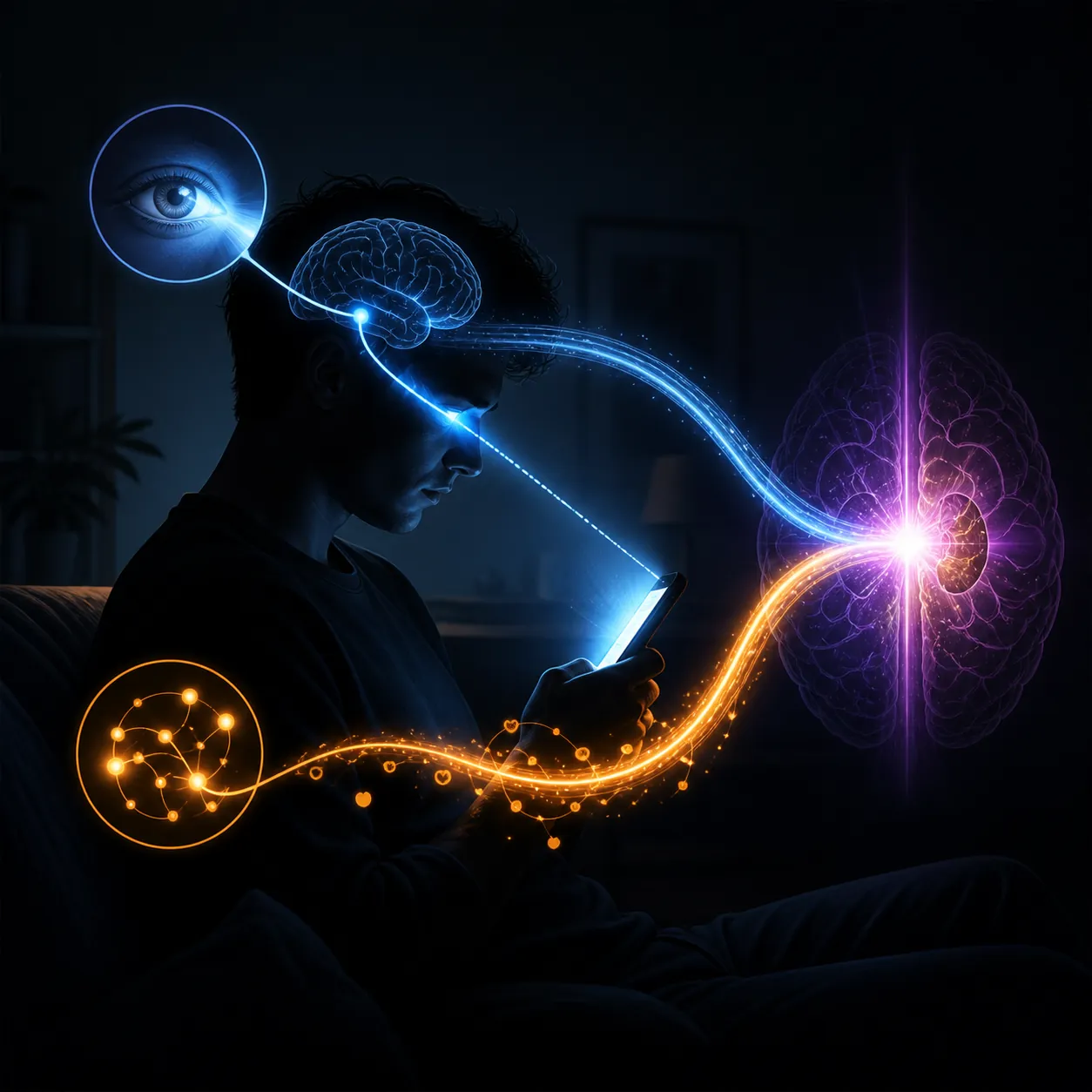 An adult looking at a phone with one pathway showing blue light exposure and another showing reward-driven engagement