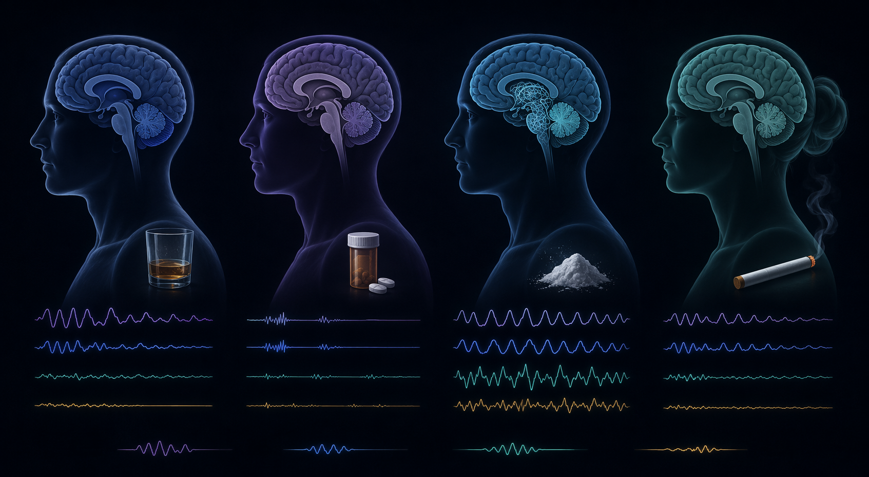 Comparison illustration of alcohol, opioid, cocaine, and nicotine effects on sleep architecture.