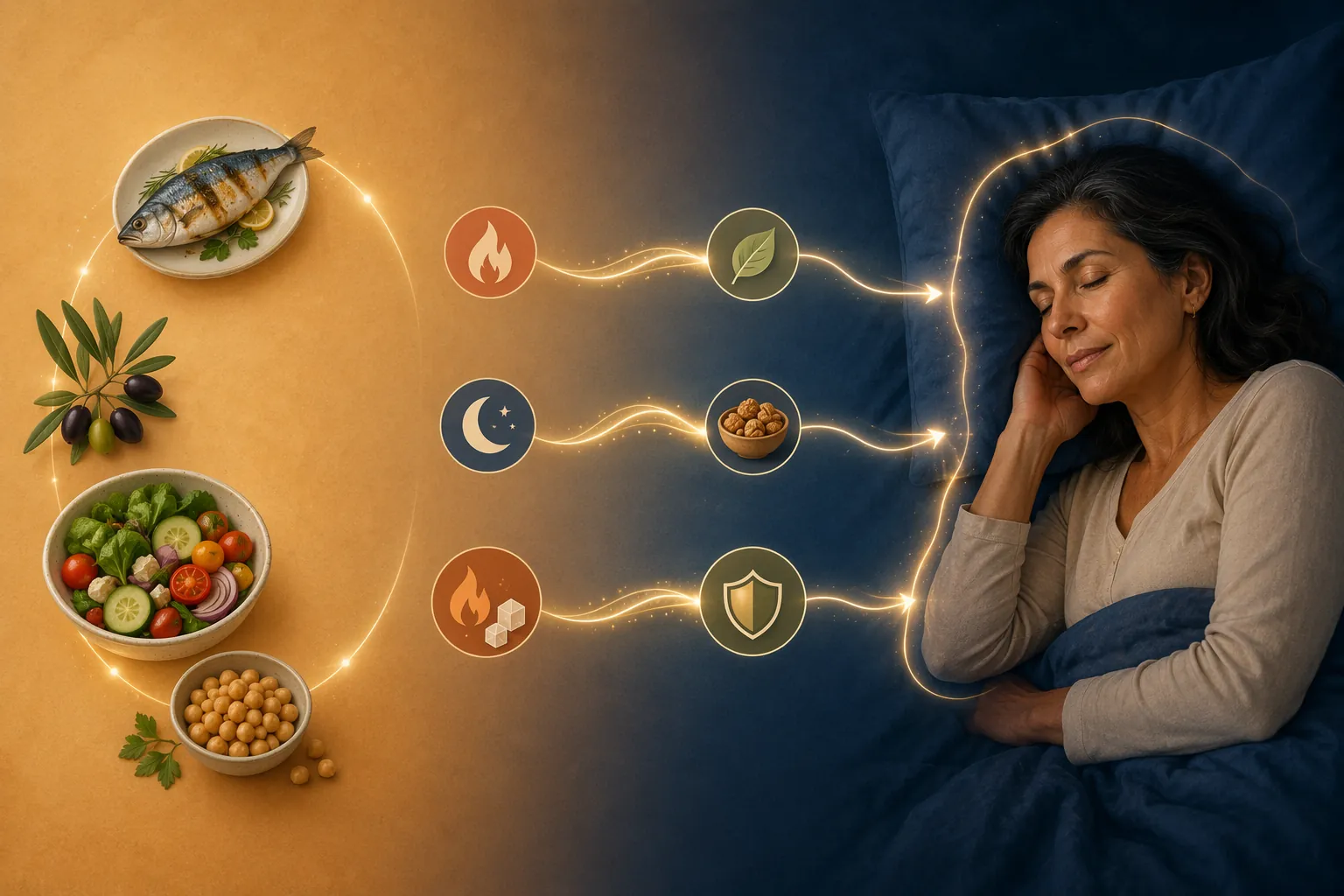 Three-panel visual showing Mediterranean foods, vasomotor, melatonin, and inflammation pathways, and a midlife woman sleeping