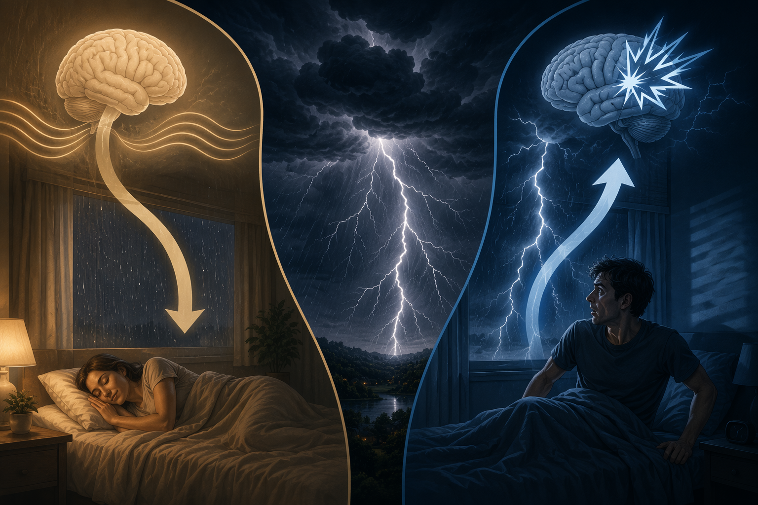 Illustration of a thunderstorm branching into calming rain pathways and disruptive thunder or apnea-related pathways