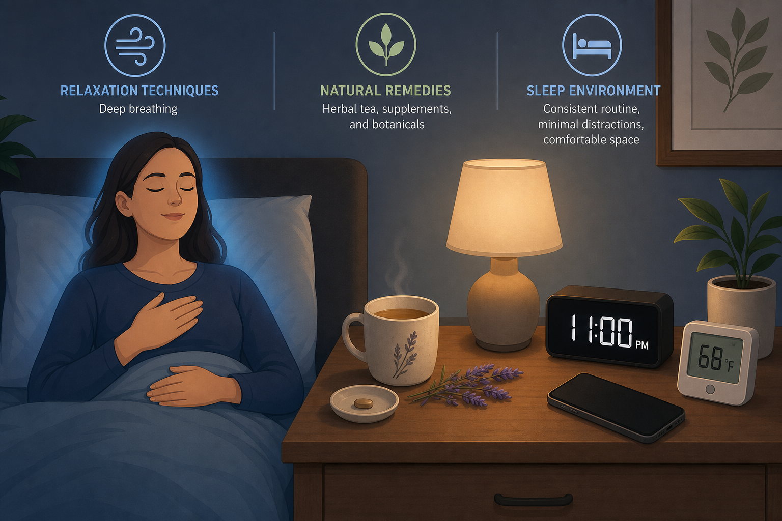 A serene nighttime bedroom scene with a person practicing deep breathing, a nightstand with tea and supplements, a clock showing 11 PM, a face-down smartphone, and a thermostat set to 68°F.