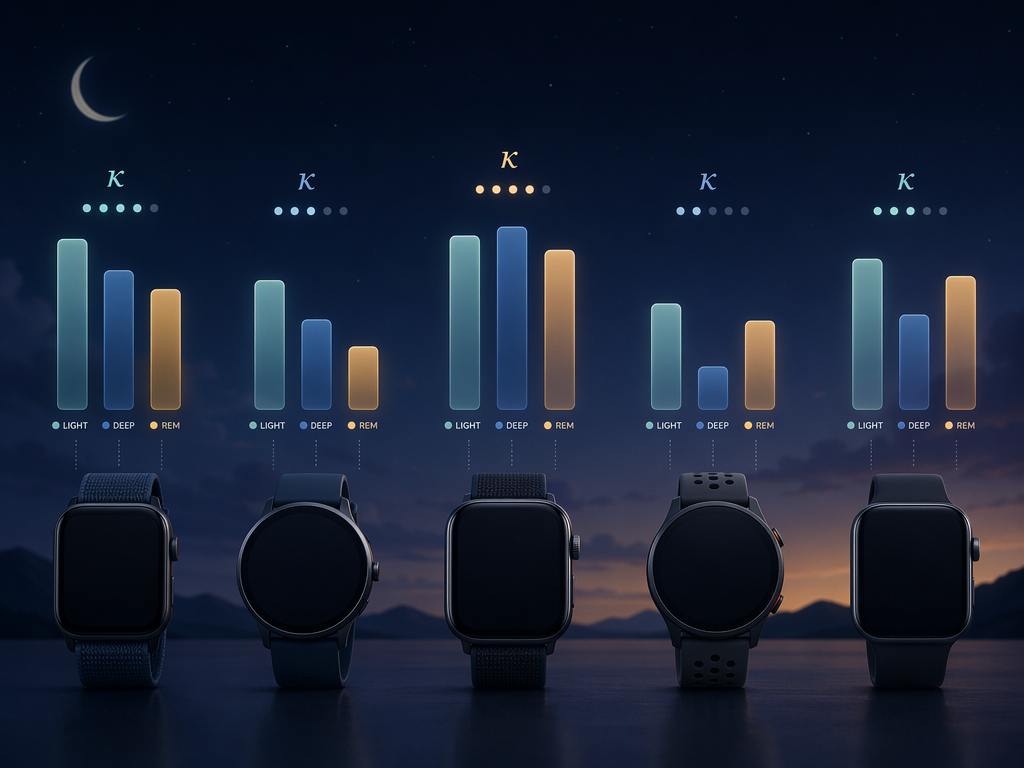 Five subtle smart watch silhouettes in a row with no visible logos. Above each, translucent floating bars and kappa (κ) symbols at varying heights representing different sleep stage detection accuracy levels. Small stage labels (light, deep, REM) appear near each.