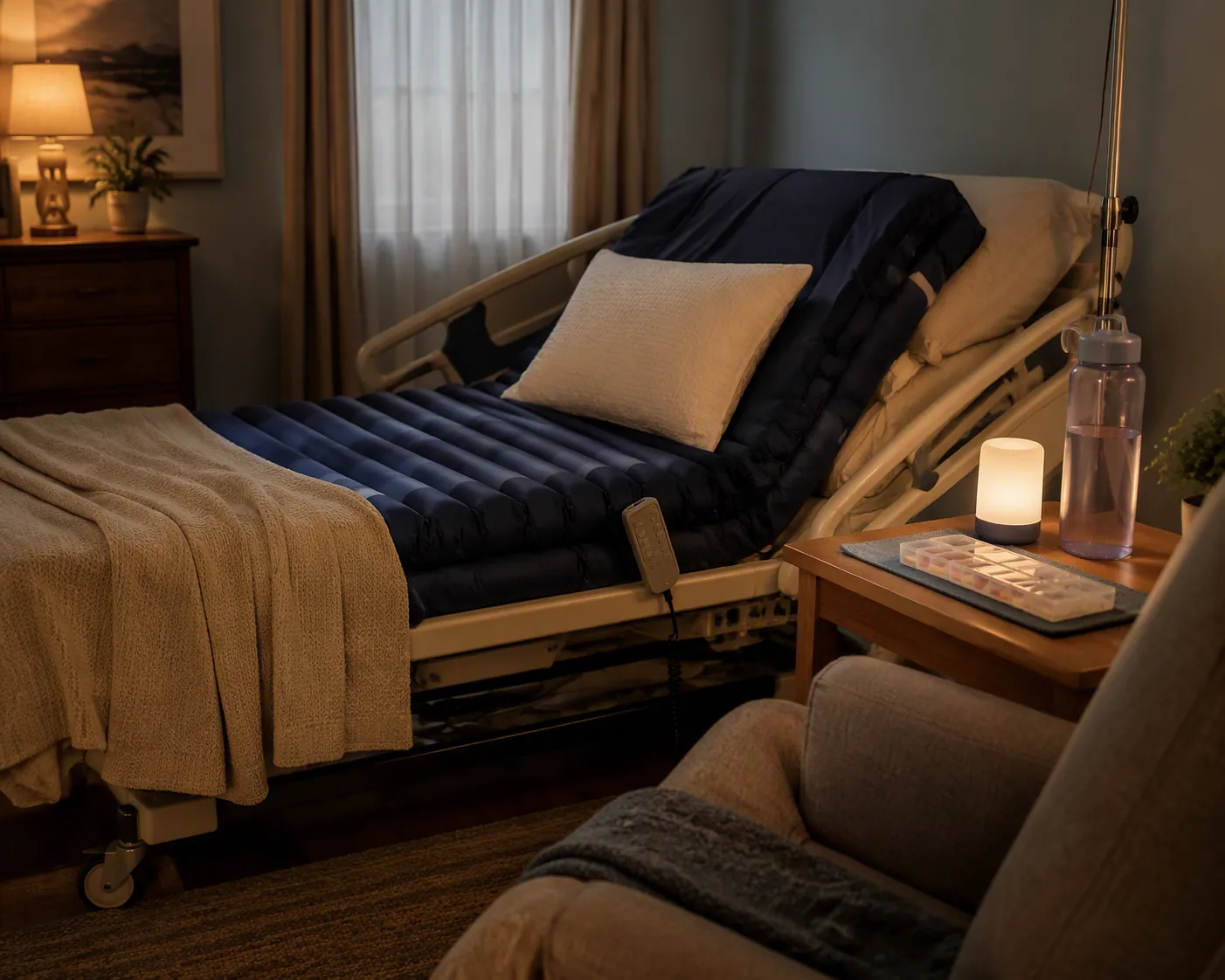 Adjustable bed with pressure-relieving mattress, reachable bedside supplies, dim nightlight, and caregiver chair