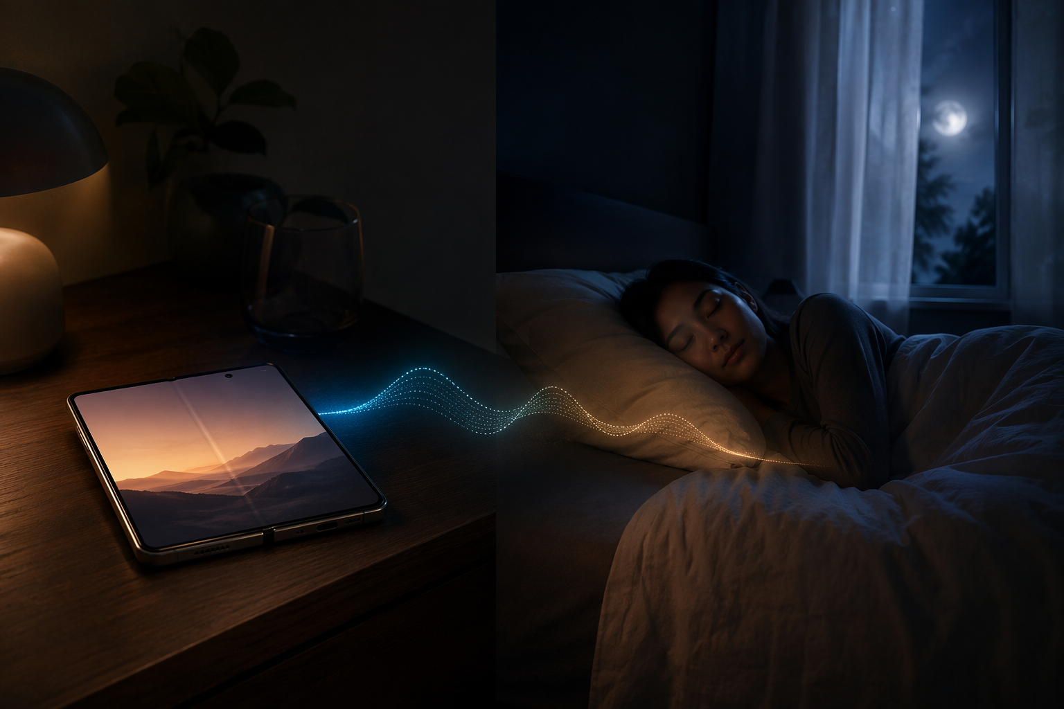 Foldable smartphone on a nightstand beside a sleeping person with blue light fading across a dark bedroom