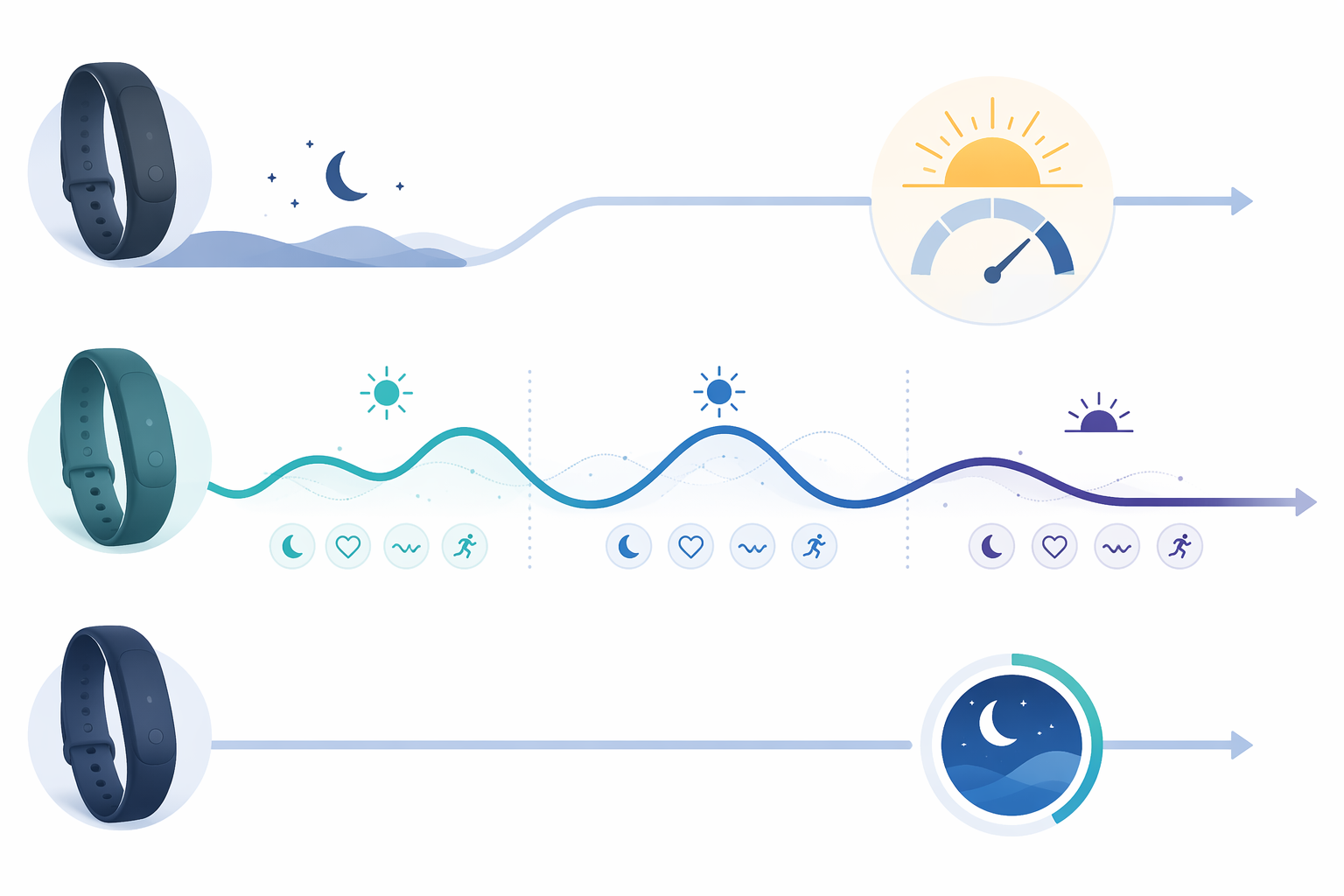 Illustration comparing morning-only recovery, continuously updating readiness, and a simple sleep score