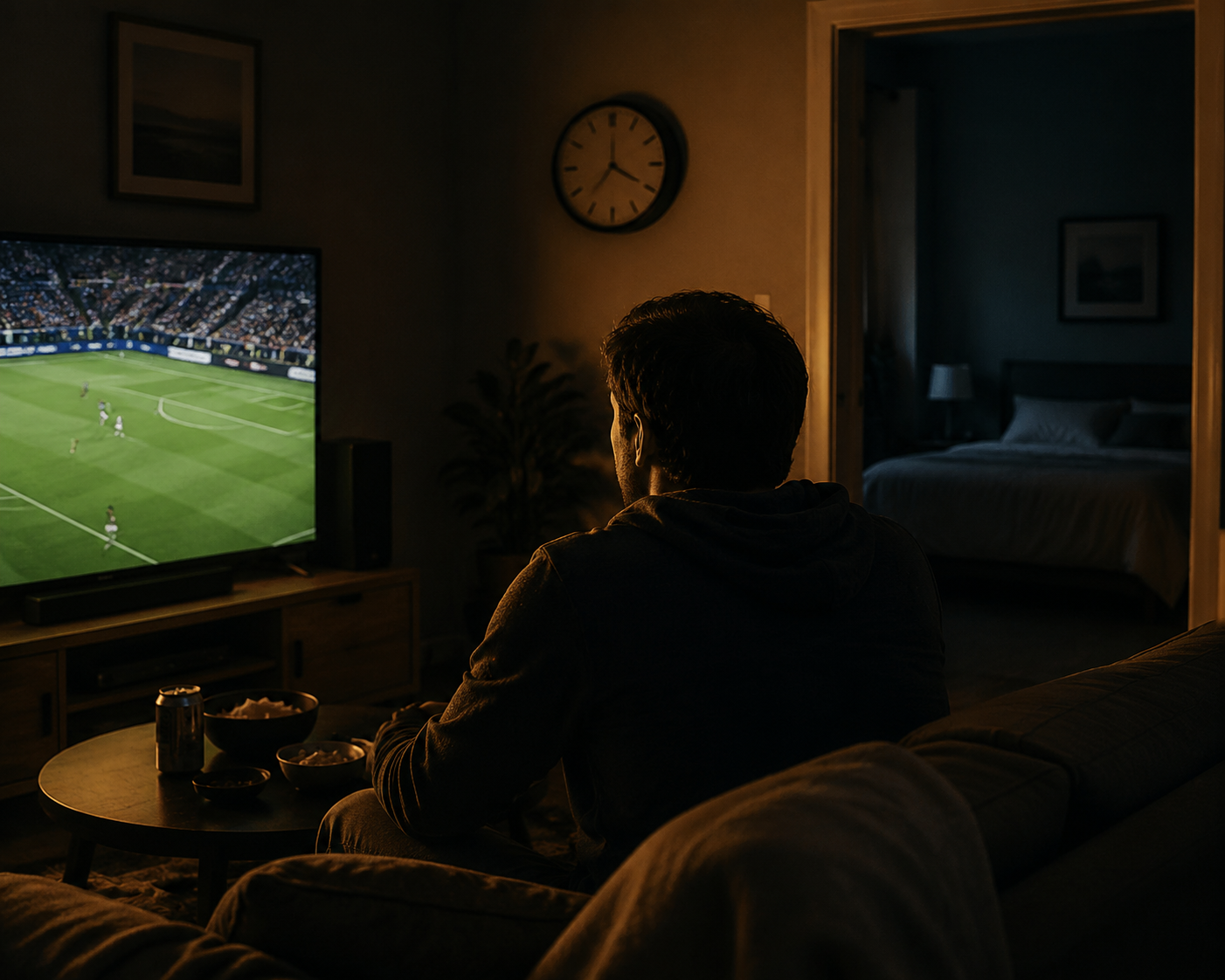 A person watching a late-night soccer match in a dim living room while a clock shows it is past midnight