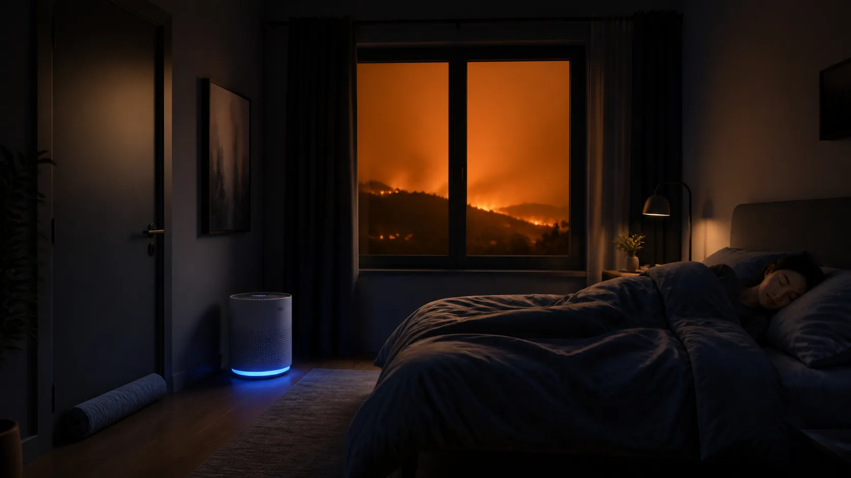 A sealed bedroom at night during wildfire smoke with an air purifier running while a person sleeps