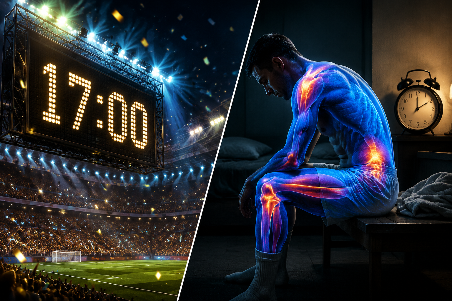 Split scene showing a stadium timer at 17 minutes and a benched athlete cooling down before a late recovery night