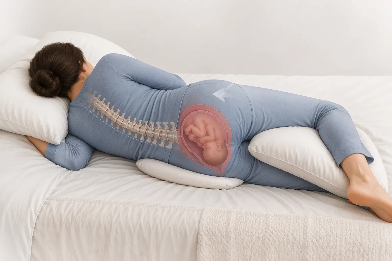 Pregnant person sleeping on the left side with pillows supporting the knees and belly