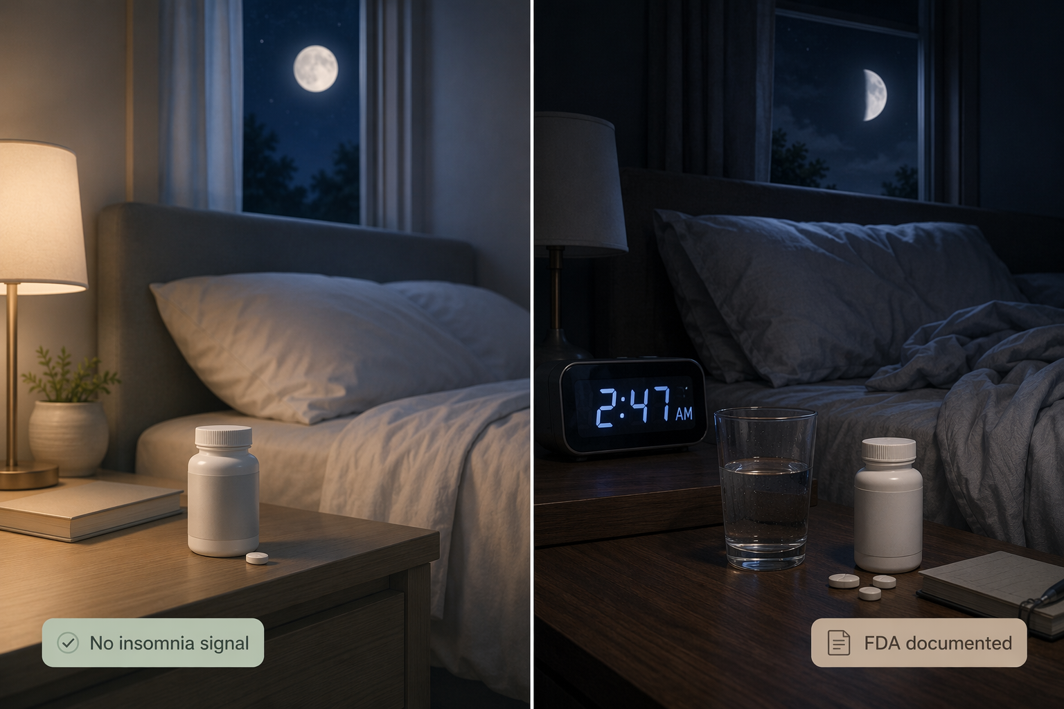Side-by-side comparison of a peaceful bedroom with no insomnia signal and a restless bedroom with FDA documented badge