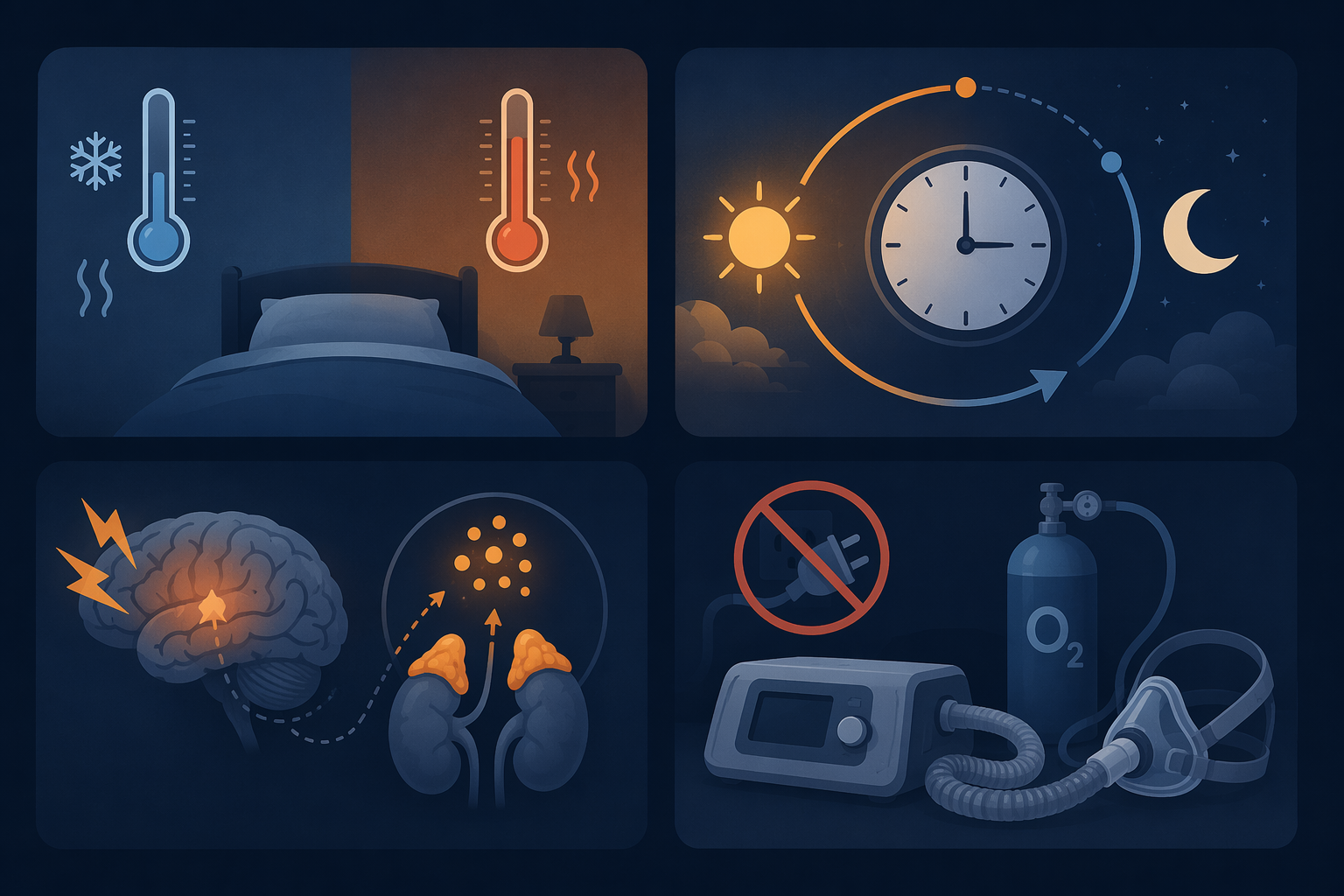 Infographic showing temperature, circadian timing, stress, and medical-device pathways for power outage sleep disruption