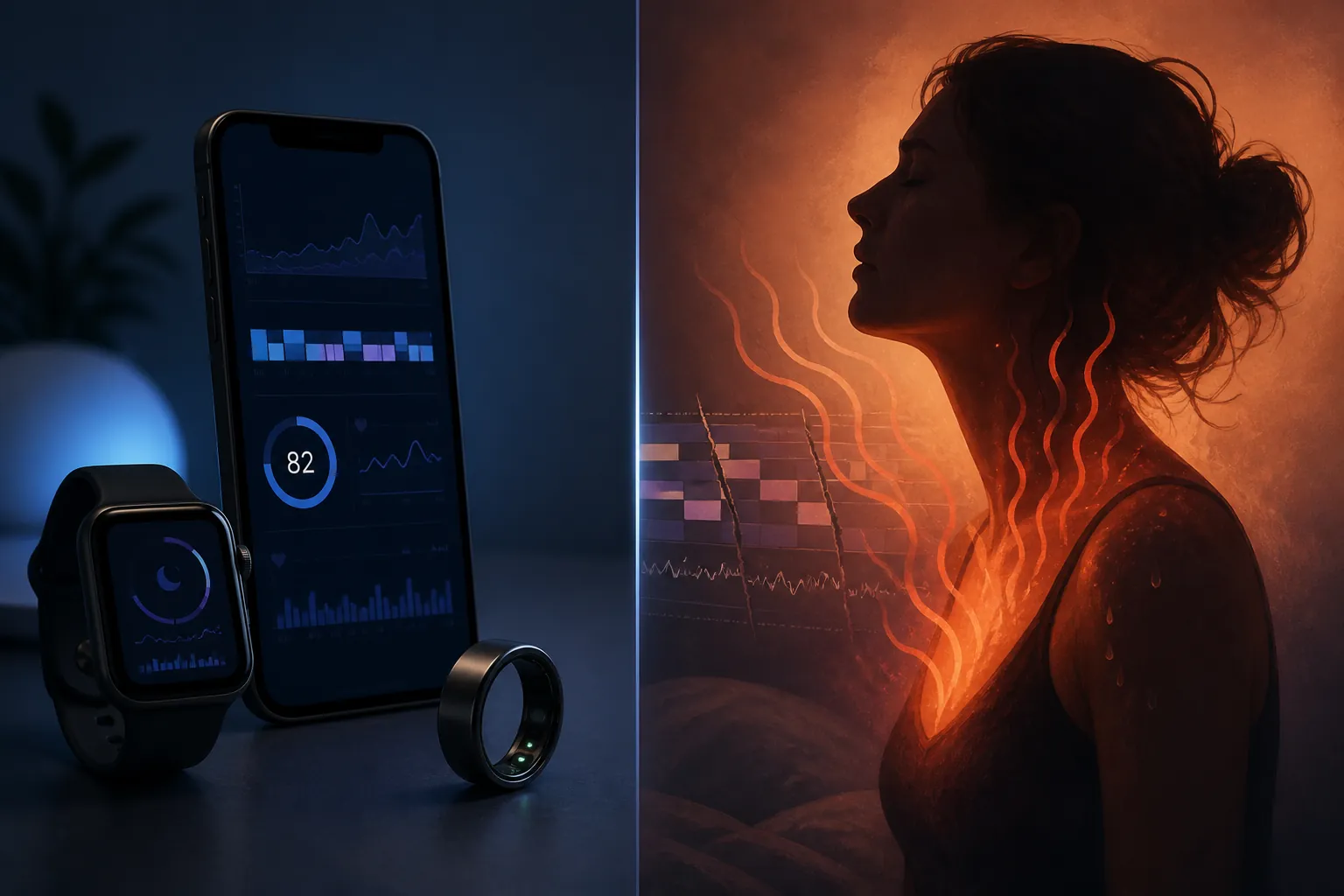 Sleep dashboard devices separated from a warm silhouette with heat lines and a fragmented sleep timeline