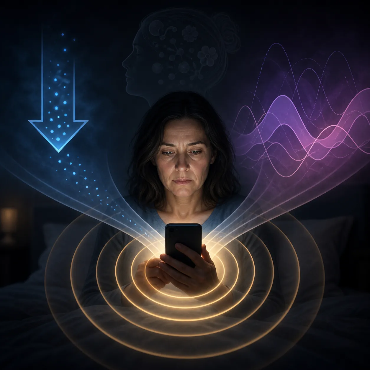 A person holding a phone with visual layers showing declining melatonin, hormonal fluctuation, and amplified light sensitivity