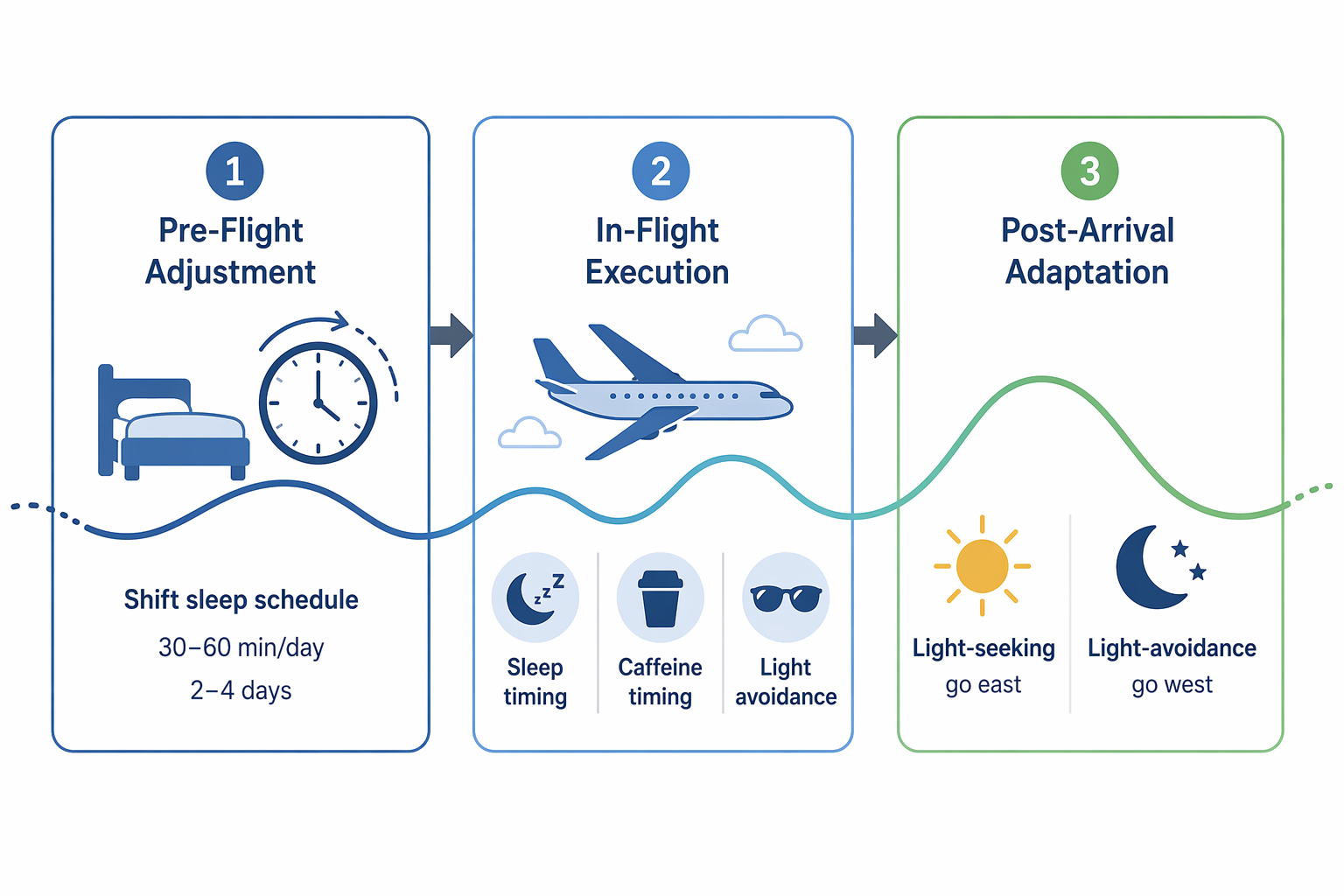 Three-phase circadian travel framework for pre-flight adjustment, in-flight execution, and post-arrival adaptation