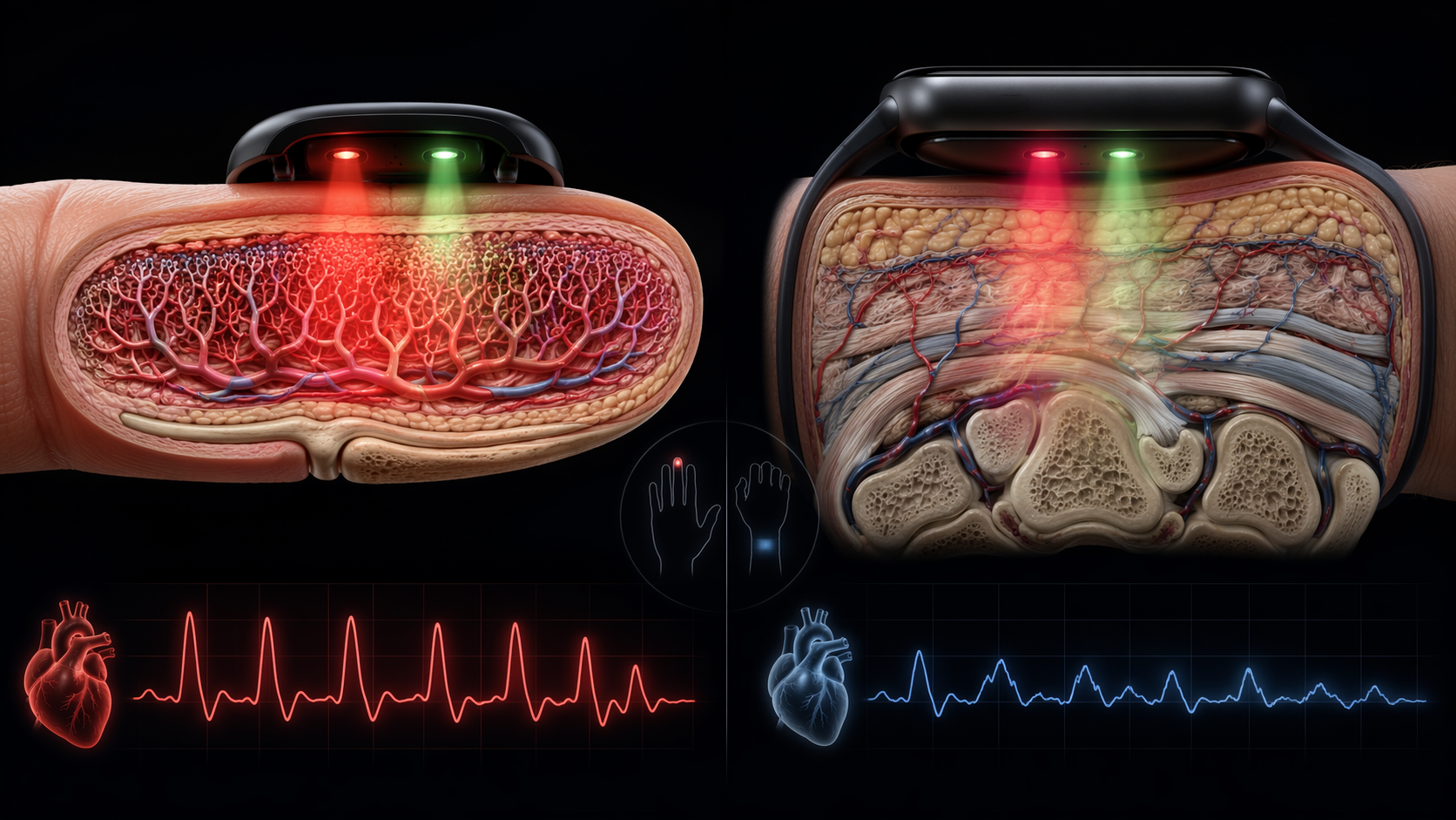 A comparison illustration showing finger PPG with denser capillaries and wrist PPG with more tissue interference.
