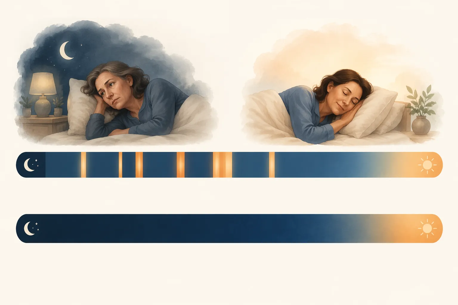 An illustration comparing a fragmented sleep timeline with multiple wake interruptions against a more continuous night of sleep.