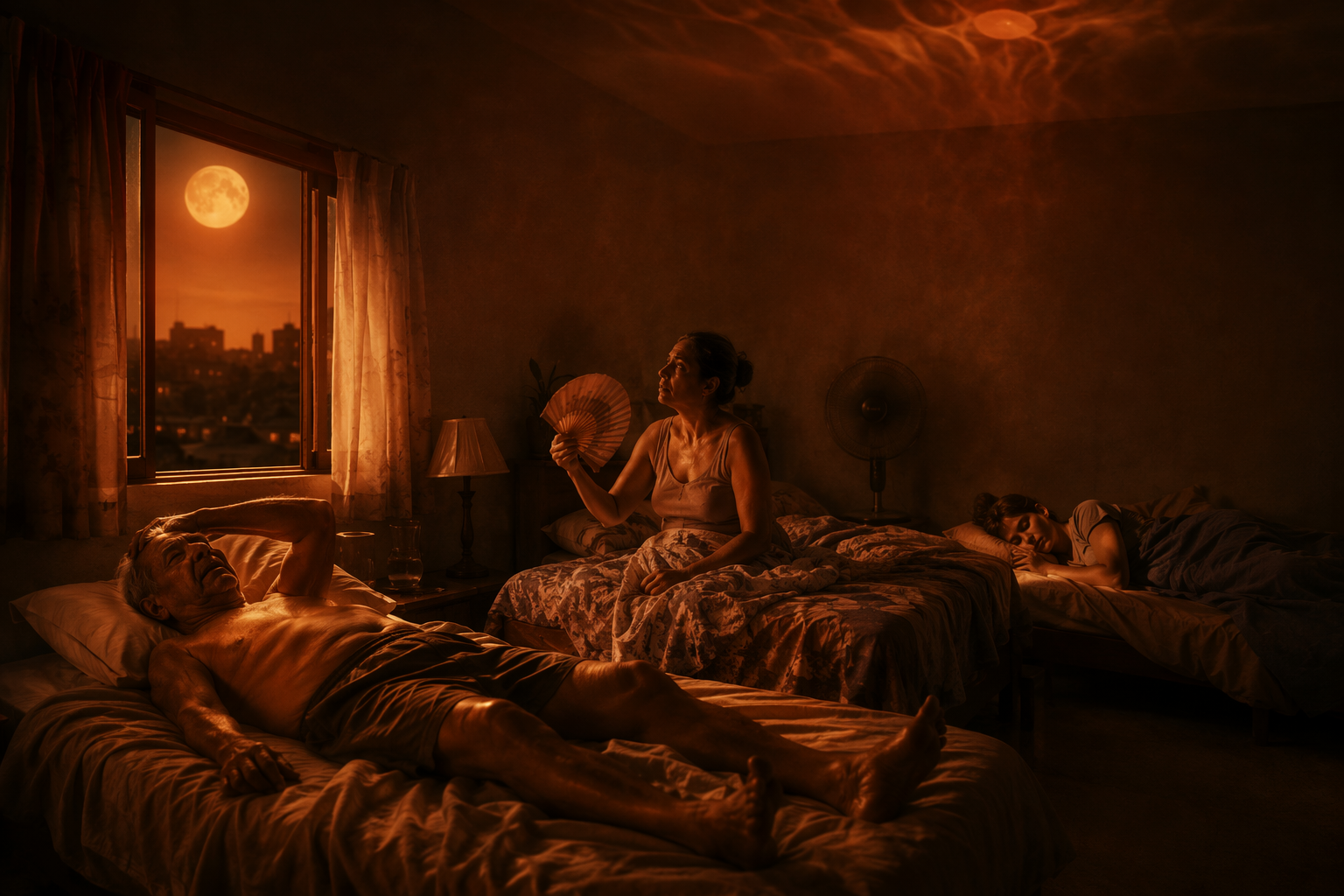 A warm bedroom at night showing people of different ages responding differently to heat
