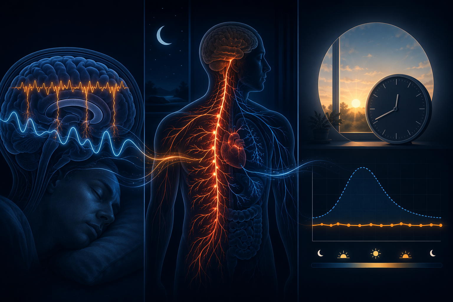 Three-panel illustration of alpha waves disrupting delta sleep, sympathetic activation, and a flattened morning cortisol curve