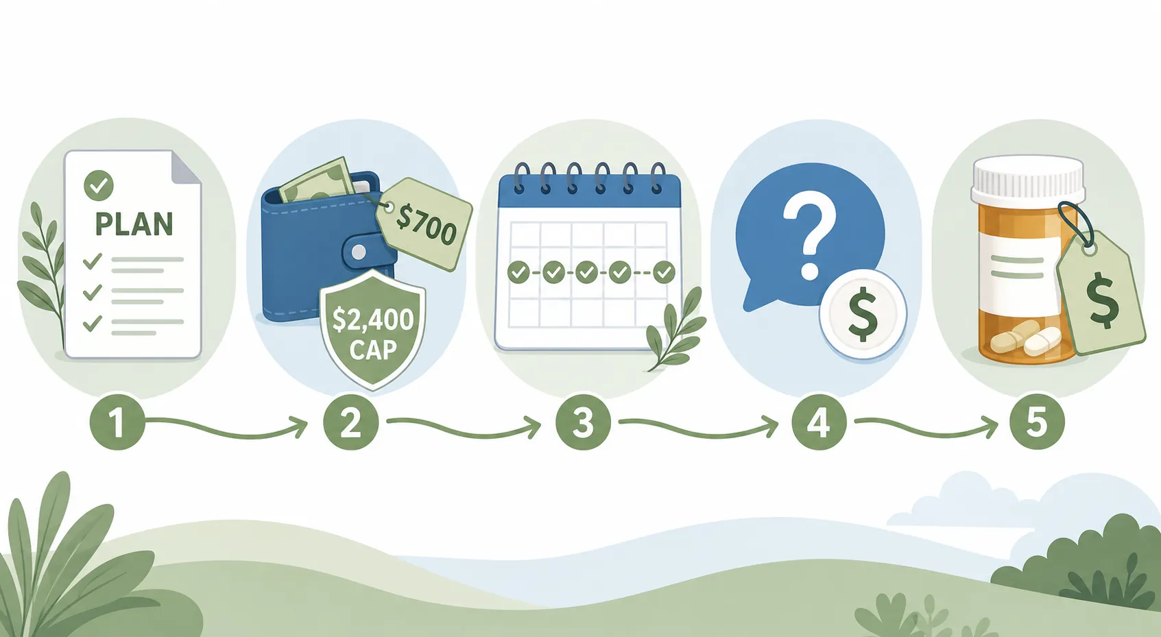 Five-step Medicare Part D cost workflow showing plan review, deductible and cap, cost smoothing, Extra Help, and negotiated drug prices