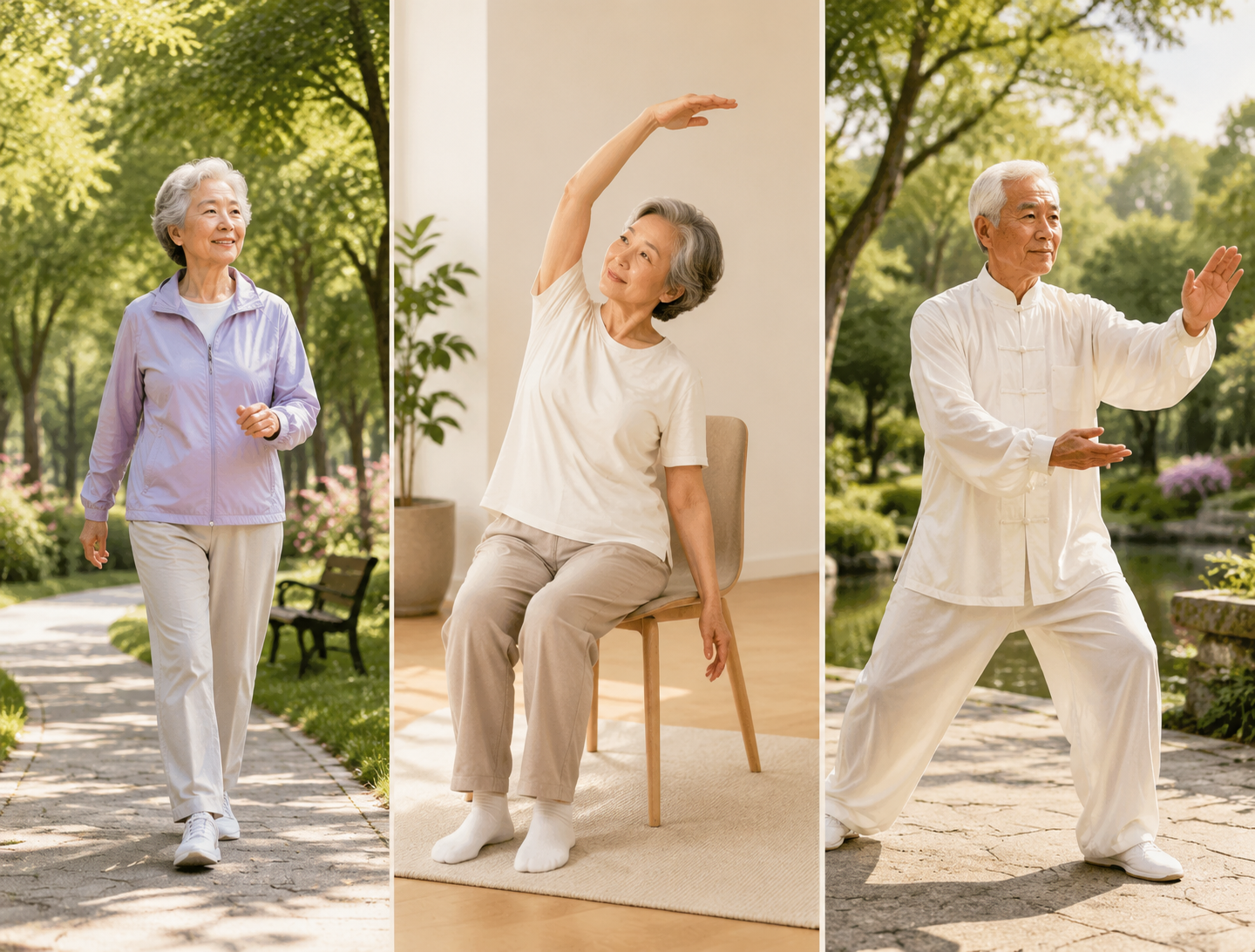 Older adults walking, doing chair yoga, and practicing tai chi in warm daylight