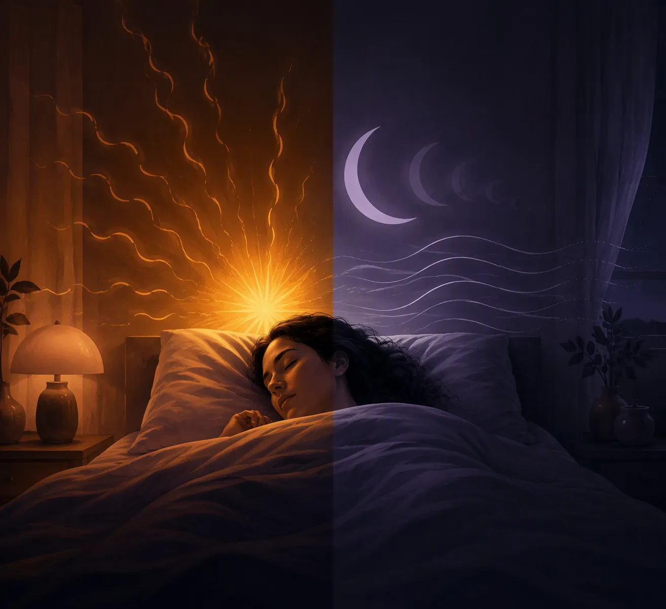 Split-scene illustration of two different sleep-disruption pathways after surgery