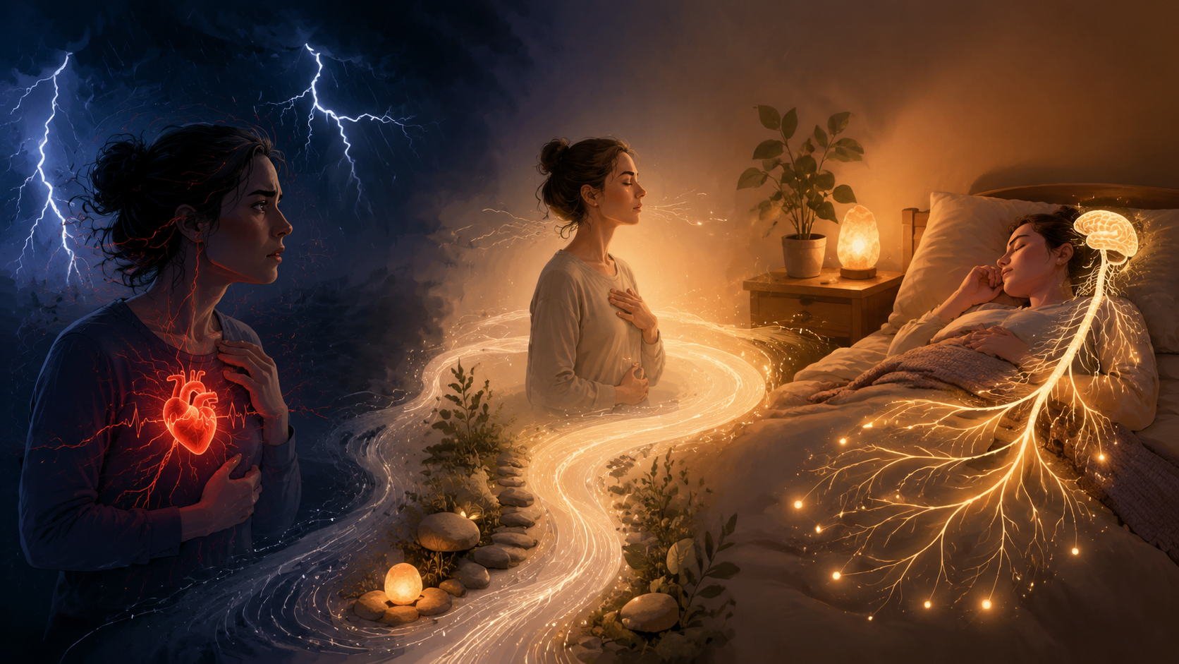 A storm anxiety sequence moving from racing heart through calming techniques to a relaxed body in bed